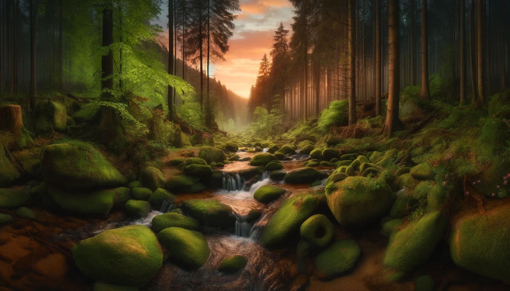 A painting of a forest with rocks and water