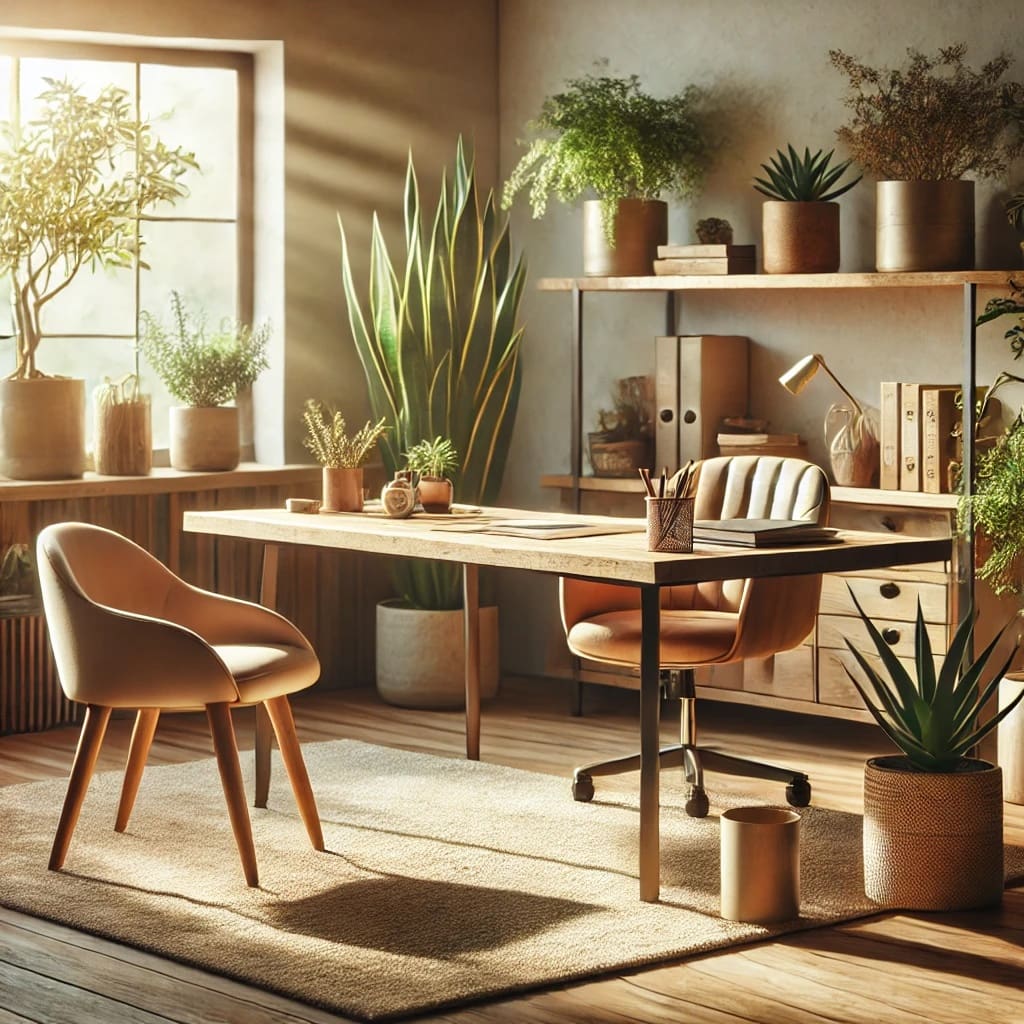 A room with plants and furniture in it