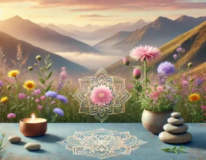 A tranquil scene symbolizing holistic healing and personal transformation, featuring mountains, wildflowers, and a mandala.