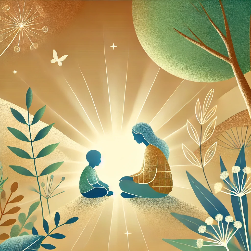 A loving parent and child sit together in a peaceful natural setting, bathed in soft, warm light. The parent attentively engages with the child, fostering a deep emotional connection and mindfulness.
