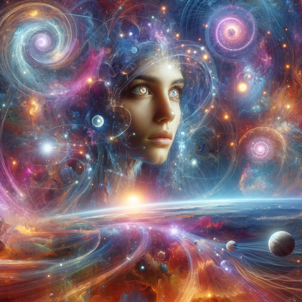 A woman with her eyes closed is surrounded by colorful galaxies.