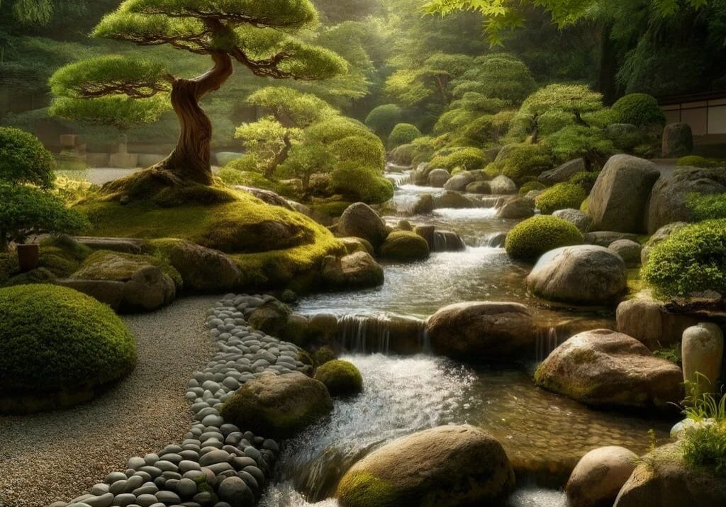 A tree and some rocks in the middle of a stream.