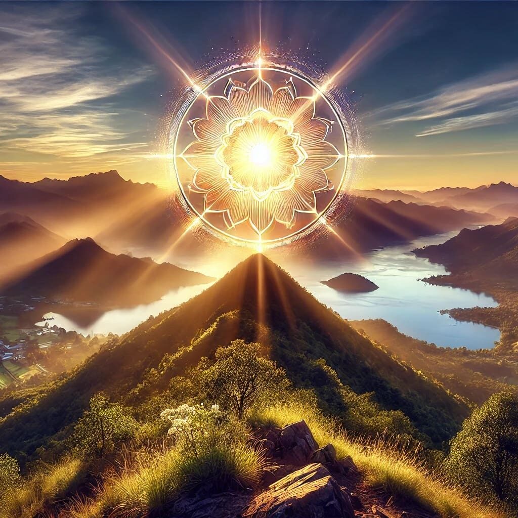 DALL·E 2024-07-19 17.34.42 - A serene scene of a mountaintop at sunrise, with a radiant, glowing light symbolizing inner wisdom and empowerment. The landscape includes a beautiful