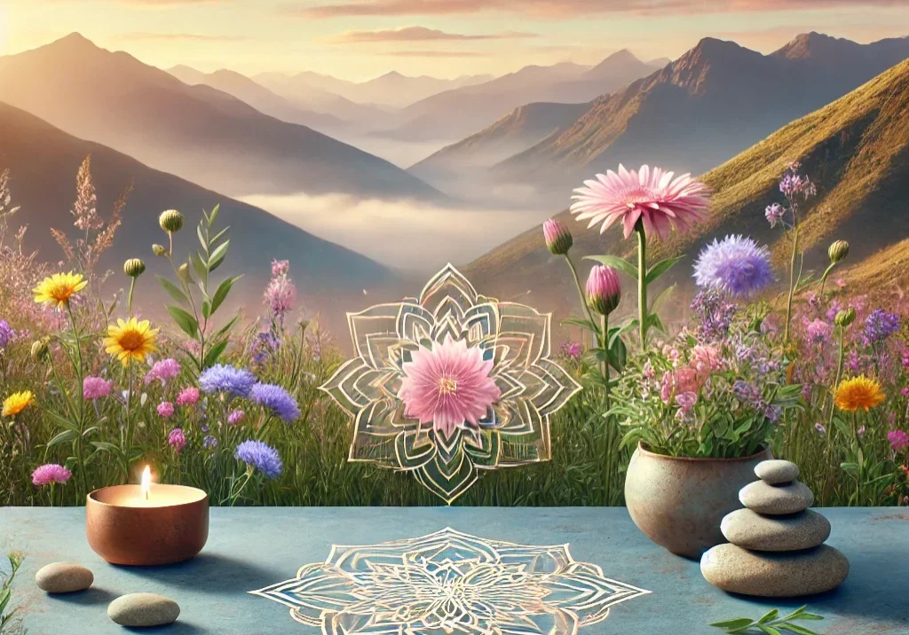 A tranquil scene symbolizing holistic healing and personal transformation, featuring mountains, wildflowers, and a mandala.