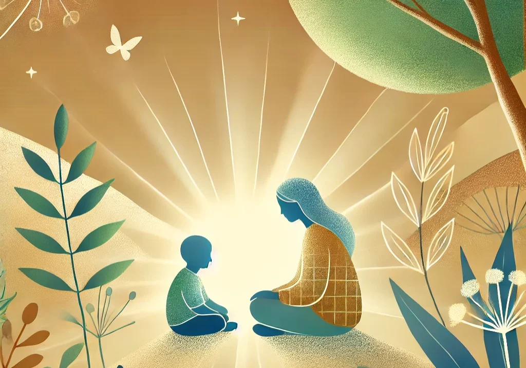 A loving parent and child sit together in a peaceful natural setting, bathed in soft, warm light. The parent attentively engages with the child, fostering a deep emotional connection and mindfulness.
